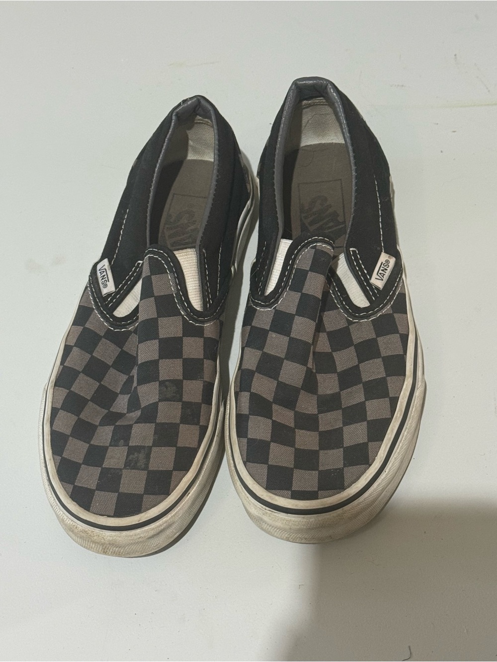 Vans Slip-On Checkerboard Sneakers in Black and Grey/Brown